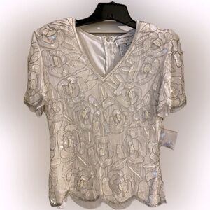 Vintage Papell Boutique white beaded silk formal scalloped blouse